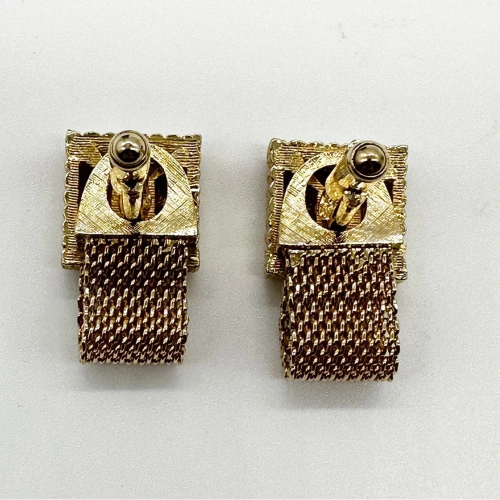 Vintage Swank Gold Tone Mesh Tiger’s Eye Square Cufflinks & Tie Tack Set IOB